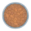 Bowl full of almond nuts, top view. Vector illustration.