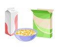 Bowl Full of Breakfast Corn Flakes with Milk and Carton Packages Rested Nearby Vector Illustration