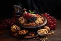 A bowl full of different types of nuts with a jar of wine and red wine grapes on a wooden table