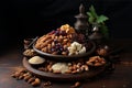 A bowl full of different types of nuts with red wine grapes on a wooden table