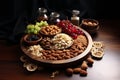 A bowl full of different types of nuts with red wine grapes on a wooden table