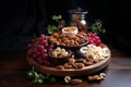 A bowl full of different types of nuts with red wine grapes on a wooden table