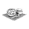 Bowl Full with Dumplings Served with Spoon and Sour Cream Vector Illustration