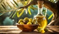 Bowl Full of Fresh Green Olives and an Olive Oil Cruet - Generative Ai Royalty Free Stock Photo