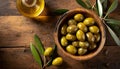 Bowl Full of Fresh Green Olives and an Olive Oil Cruet - Generative Ai Royalty Free Stock Photo