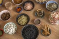 Bowl full of ingredients, black beans, white beans, cinnamon stick, smelly Royalty Free Stock Photo