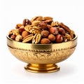 Bowl Full of Mixed Nuts in Golden Ornate Bowl on White Background Royalty Free Stock Photo