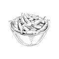 Bowl full of soybean pods, retro hand drawn vector illustration.