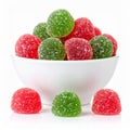 Bowl Full of Sugared Red and Green Fruit Jellies Isolated on White Background Royalty Free Stock Photo