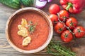 Bowl of gazpacho on the wooden table