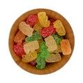 Bowl of generic sugar coated gummy bears on a white background