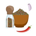 Bowl and glass jar with colorful peppercorns. Colorful cartoon illustration