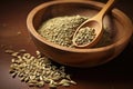 Bowl with grains cardamom detail of wooden spoon