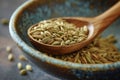 Bowl with grains cardamom detail of wooden spoon