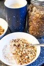 Bowl of Granola with Almond Milk and Coffee Royalty Free Stock Photo