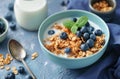 a bowl of granola, blueberries and milk