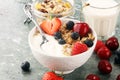 Cereal. Bowl of granola cereals, fruits and milk for breakfast. Muesli with cereals Royalty Free Stock Photo