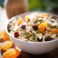 A bowl of granola with dried fruit and nuts, AI Royalty Free Stock Photo