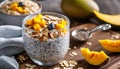 A bowl of granola with fruit and a spoon Royalty Free Stock Photo