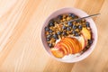 Bowl of granola with yogurt, peach slices and bluberry on a wooden table