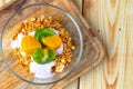 Bowl of granola with youghurt and sliced fruits