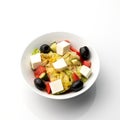 Bowl of Greek salad with feta cheese and olives. Food plate isolated on white background. Vegan or vegetarian cuisine