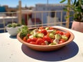 Bowl of Greek salad on a table on the terrace. AI-generated. Royalty Free Stock Photo