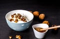 Bowl with greek yoghurt with walnuts and honey Royalty Free Stock Photo