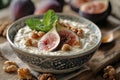 Bowl of Greek yogurt with honey- walnuts and sliced fig Royalty Free Stock Photo