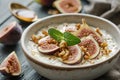 Bowl of Greek yogurt with honey- walnuts and sliced fig. Royalty Free Stock Photo