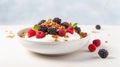 A bowl of Greek yogurt topped with granola, mixed berries, and a drizzle of honey Royalty Free Stock Photo