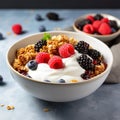 A bowl of Greek yogurt topped with granola, mixed berries, and a drizzle of honey Royalty Free Stock Photo