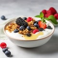 A bowl of Greek yogurt topped with granola, mixed berries, and a drizzle of honey Royalty Free Stock Photo