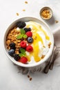 A bowl of Greek yogurt topped with granola, mixed berries, and a drizzle of honey Royalty Free Stock Photo