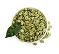 Bowl with green coffee beans and fresh leaf on white background, top view Royalty Free Stock Photo