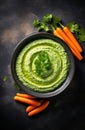 a bowl of green dip with carrots and parsley