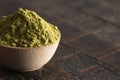 A Bowl of Green Tea Matcha Powder on a Woodn Table