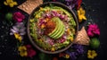 A bowl of guacamole with chips and flowers. AI generative image.