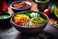 bowl with guacamole, corn, and pinto beans as focus