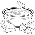 Bowl of avocado guacamole and nachos chips. Mexican guacamole dip sauce food. Vector black and white coloring page.