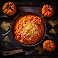 a bowl of halloween pumpkin rice with cheese