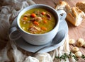 Bowl of ham and split pea soup in a white bowl Royalty Free Stock Photo