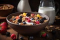 bowl of healthy cereal with fruit and milk