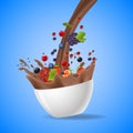 Bowl of healthy fresh fruits splash of milk chocolate. Royalty Free Stock Photo