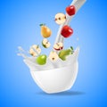 Bowl of healthy fresh fruits splash of milk Royalty Free Stock Photo