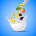 Bowl of healthy fresh fruits splash of milk Royalty Free Stock Photo