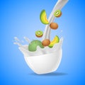 Bowl of healthy fresh fruits splash of milk Royalty Free Stock Photo