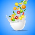 Bowl of healthy fresh fruits splash of milk Royalty Free Stock Photo