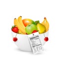 Bowl of healthy fruit with a nutrient label. Royalty Free Stock Photo