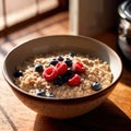 Bowl of healthy oatmeal with berries, nutritious breakfast meal